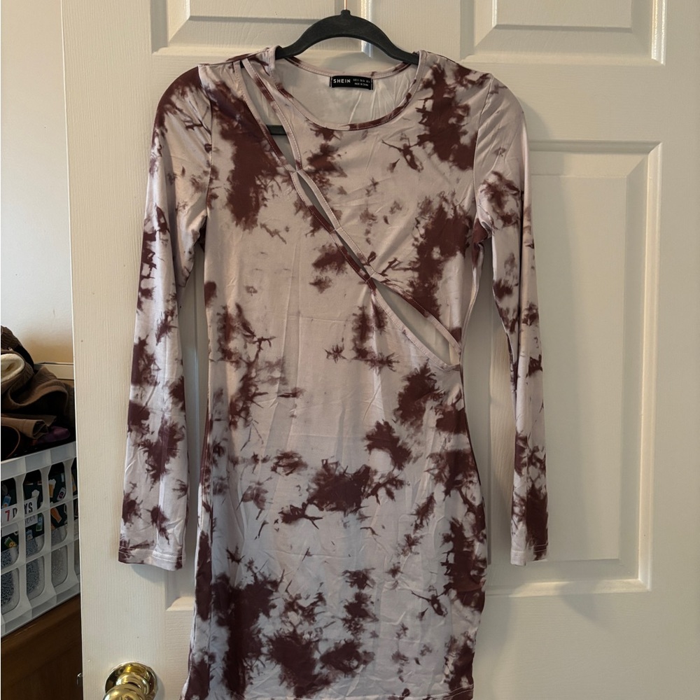 SHEIN Brown and White Long Sleeve Bodycon Dress
